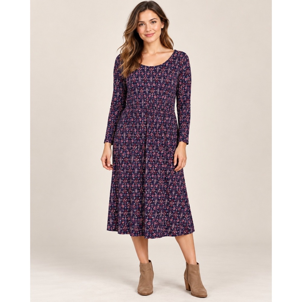 Boden Navy Floral Medallion Lyocell Cotton Midi Dress Pockets WH885 Womens 12R